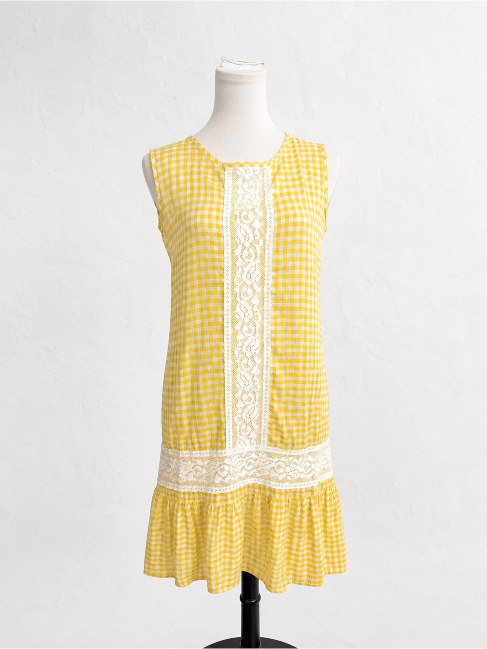 Vintage Yellow Gingham Lace Trim Sleeveless Drop Waist Mini Dress Cottagecore L
